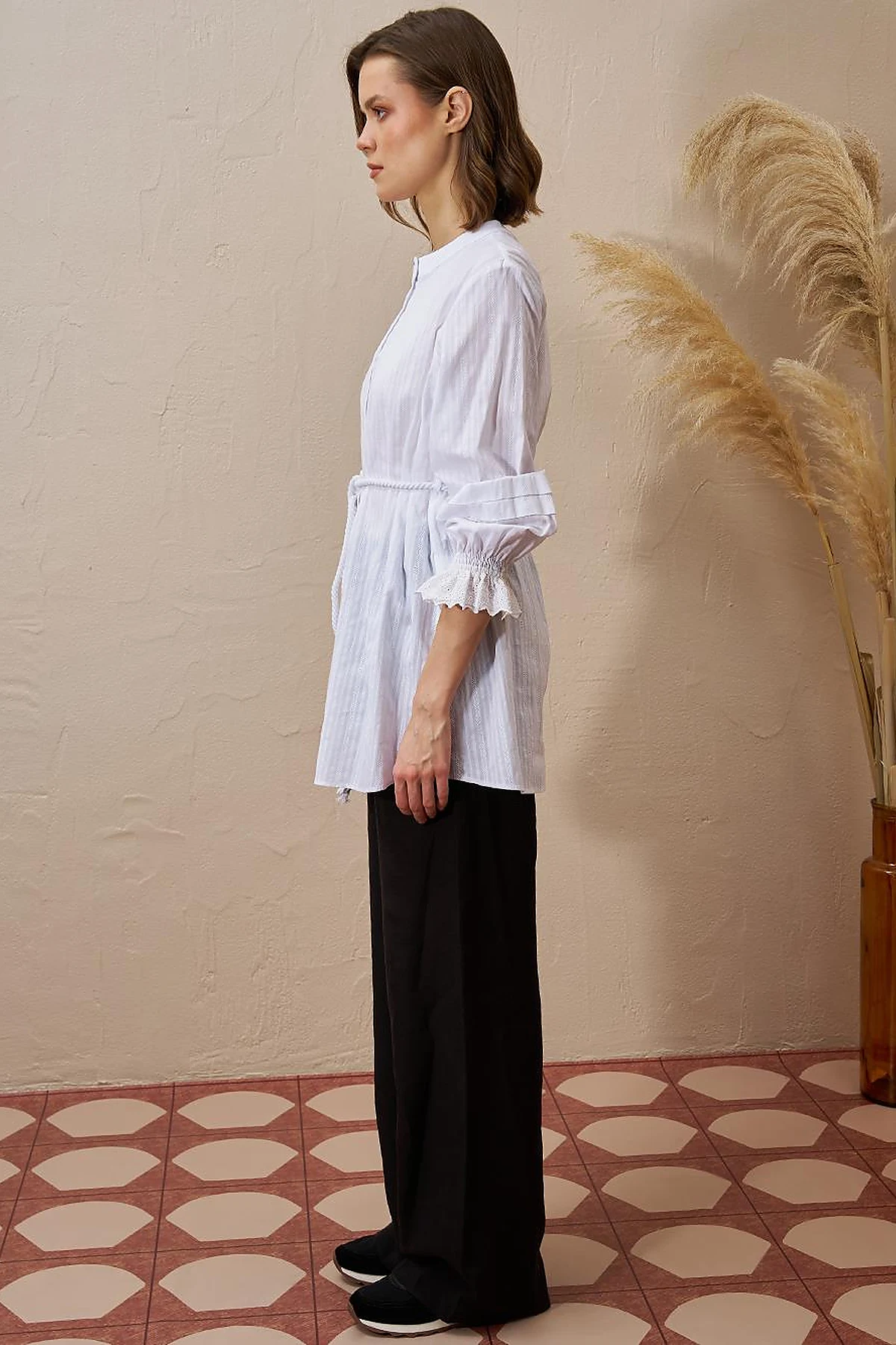 100% Cotton Tunic with Lace-Trimmed Cuffs Optical White