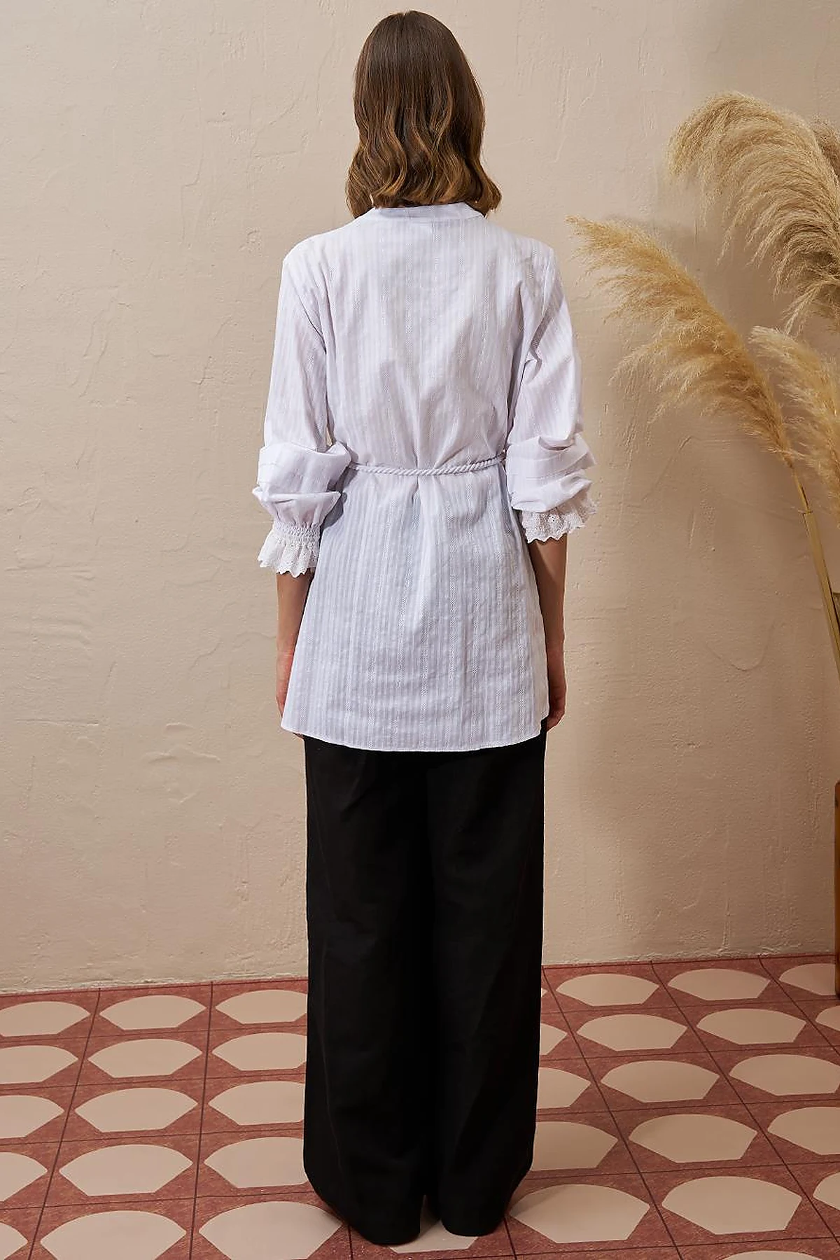 100% Cotton Tunic with Lace-Trimmed Cuffs Optical White