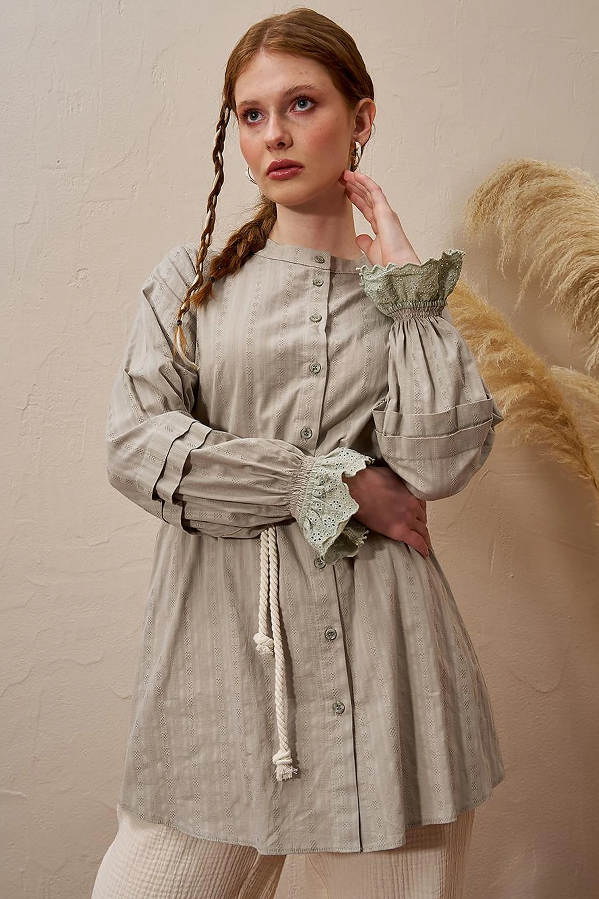 100% Cotton Tunic with Lace-Trimmed Cuffs Moss Green