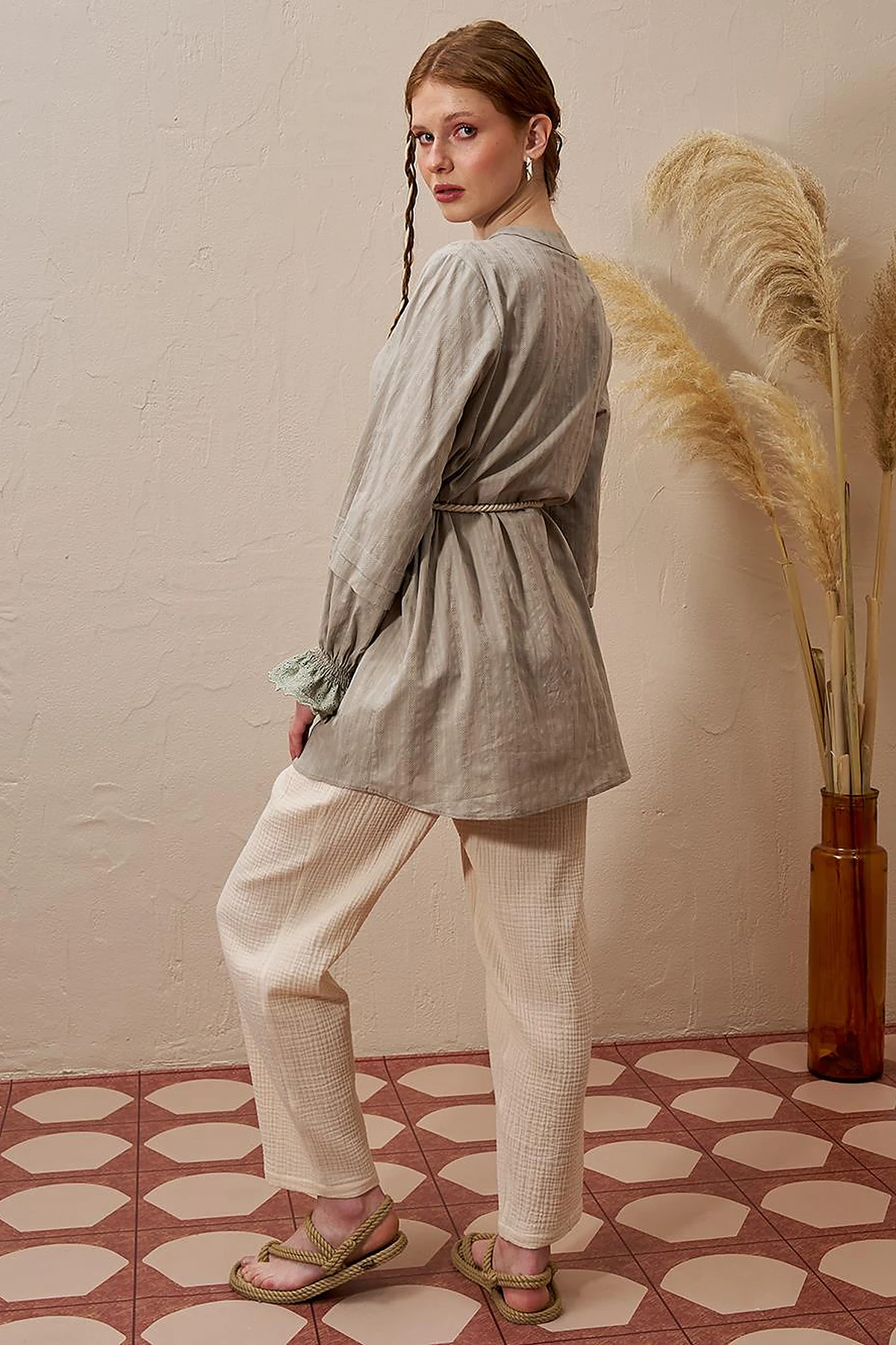 100% Cotton Tunic with Lace-Trimmed Cuffs Moss Green