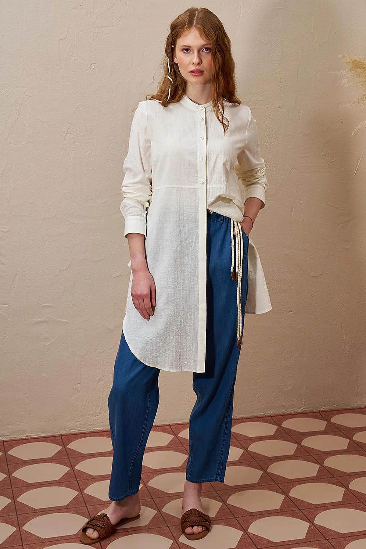 Mandarin Collar Pleated Long Tunic in Ecru