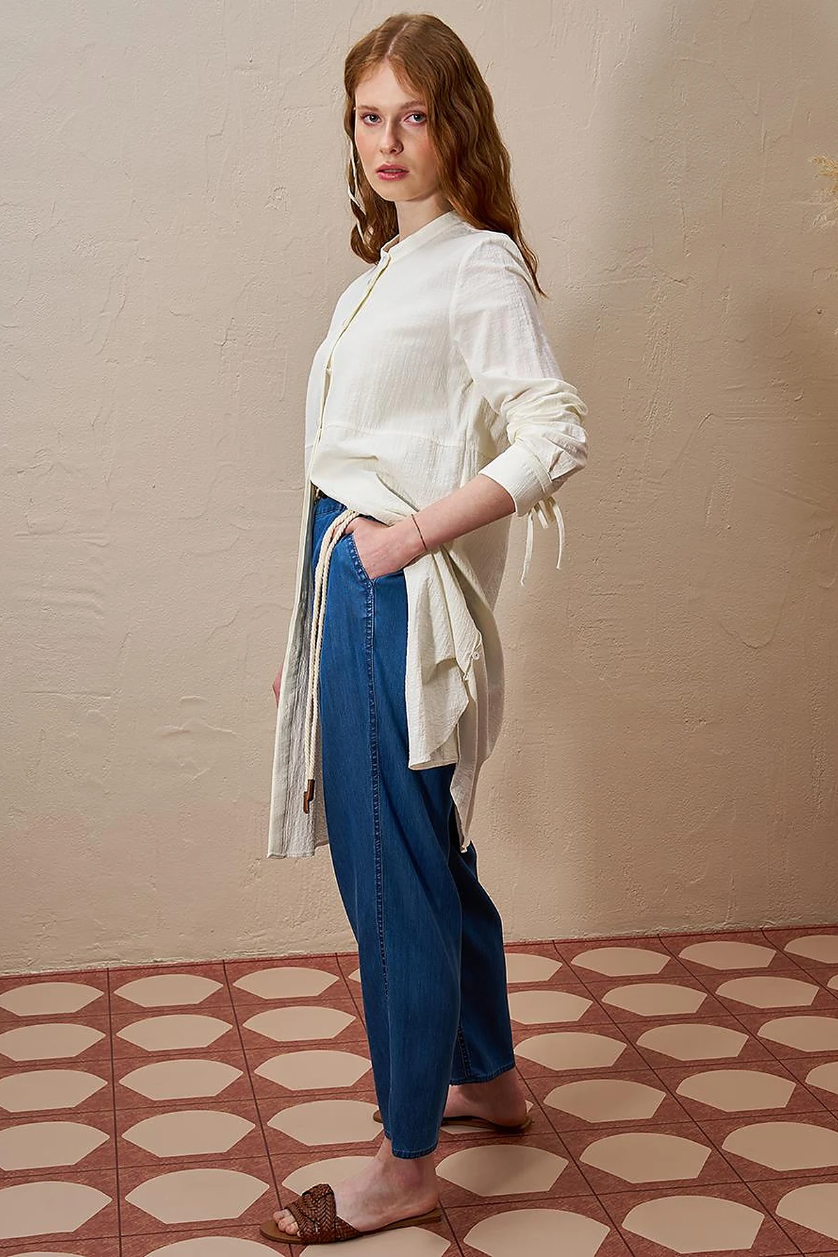 Mandarin Collar Pleated Long Tunic in Ecru