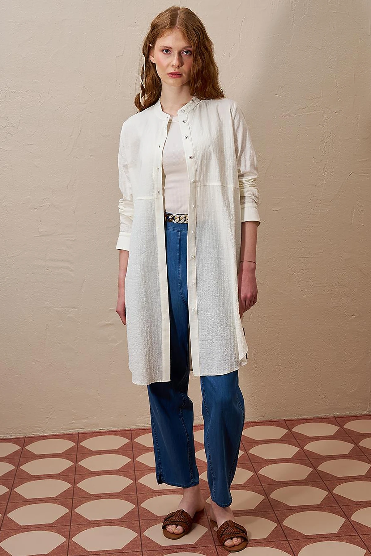 Mandarin Collar Pleated Long Tunic in Ecru