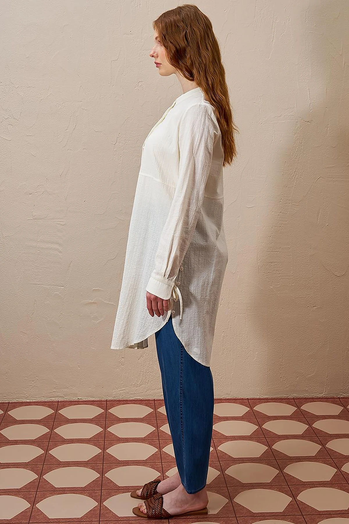 Mandarin Collar Pleated Long Tunic in Ecru