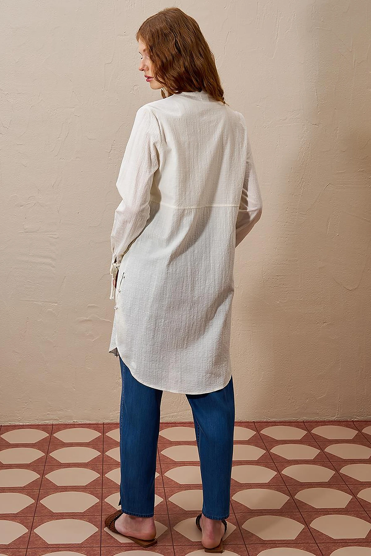 Mandarin Collar Pleated Long Tunic in Ecru