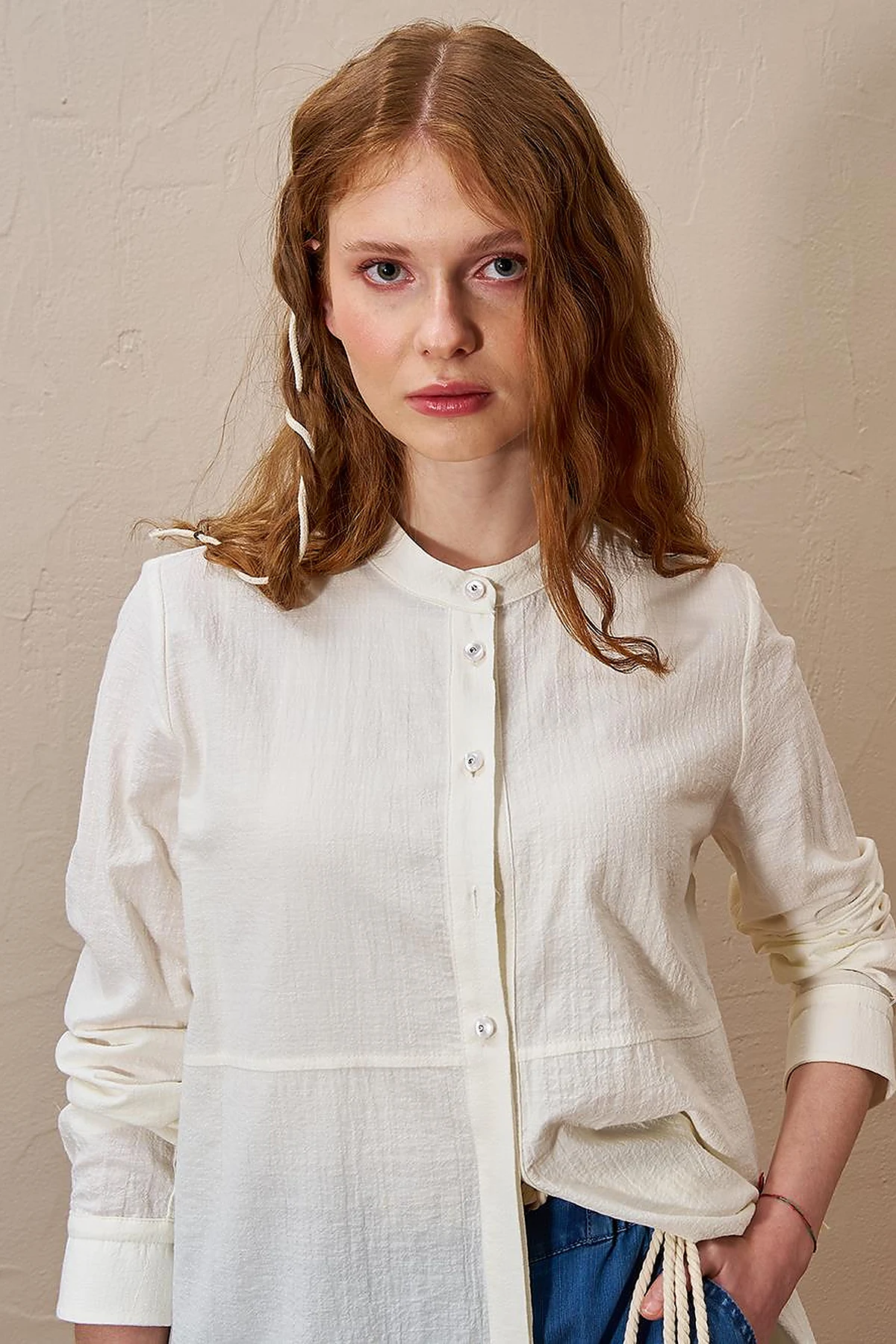 Mandarin Collar Pleated Long Tunic in Ecru