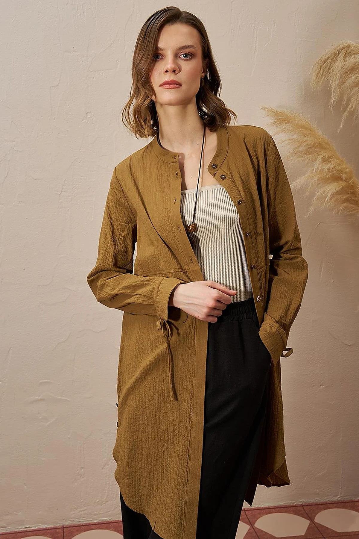 Mandarin Collar Pleated Long Tunic in Dark Olive