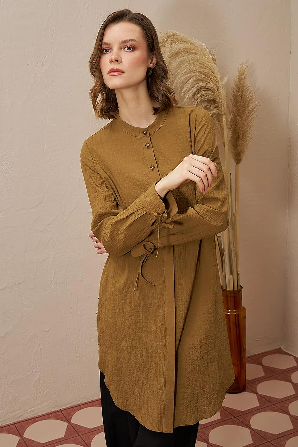 Mandarin Collar Pleated Long Tunic in Dark Olive