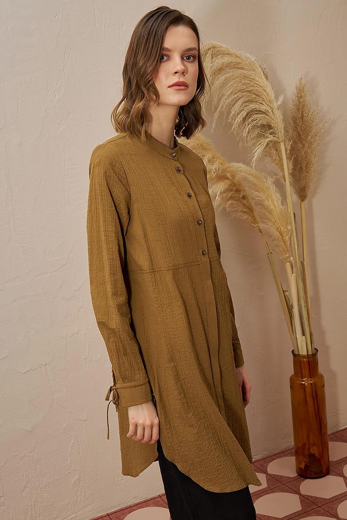 Mandarin Collar Pleated Long Tunic in Dark Olive