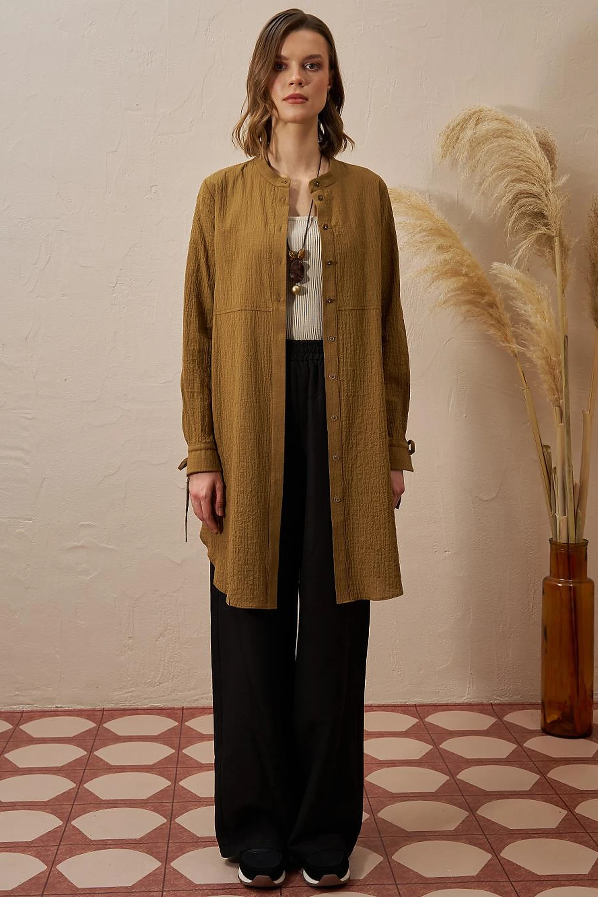 Mandarin Collar Pleated Long Tunic in Dark Olive