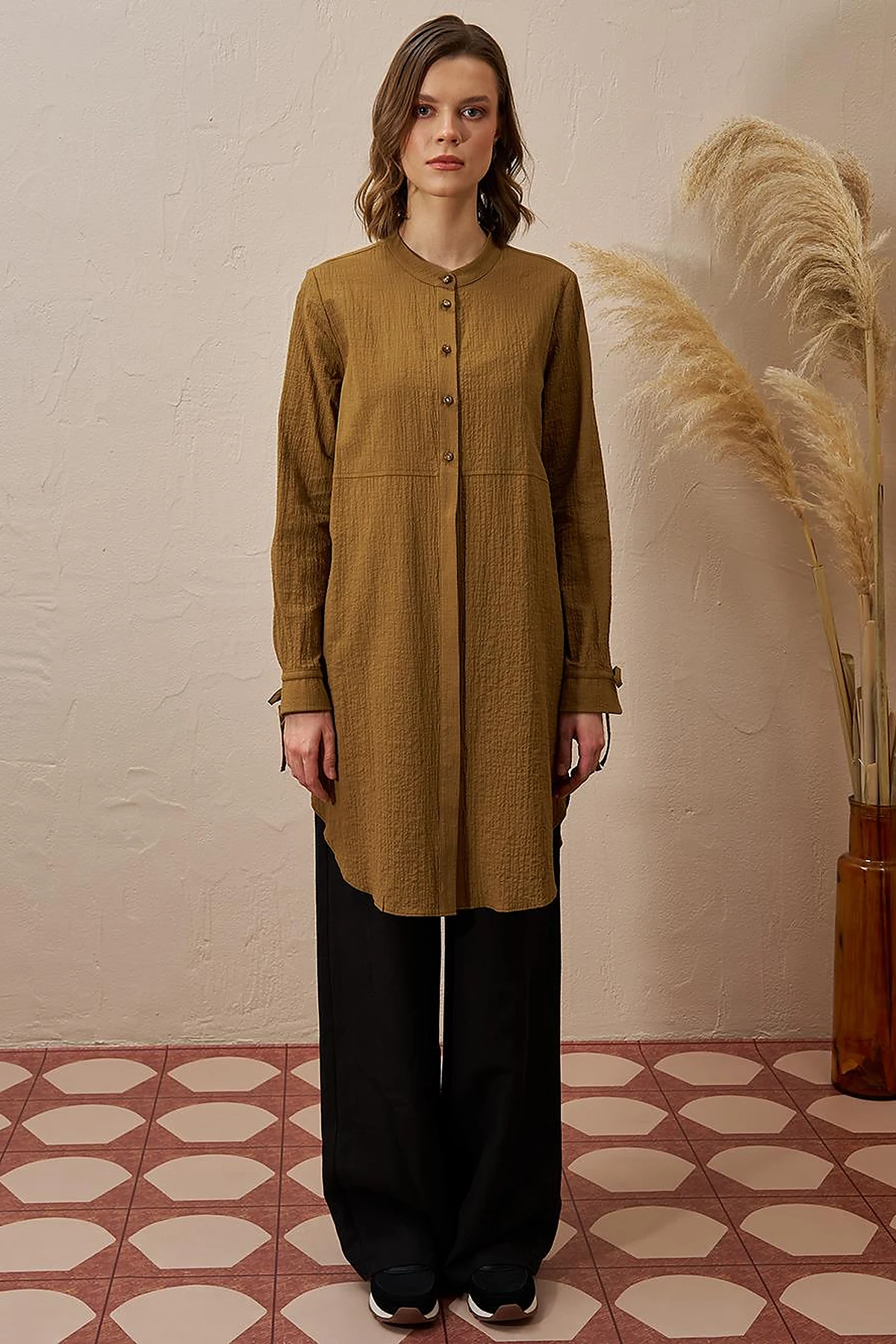 Mandarin Collar Pleated Long Tunic in Dark Olive