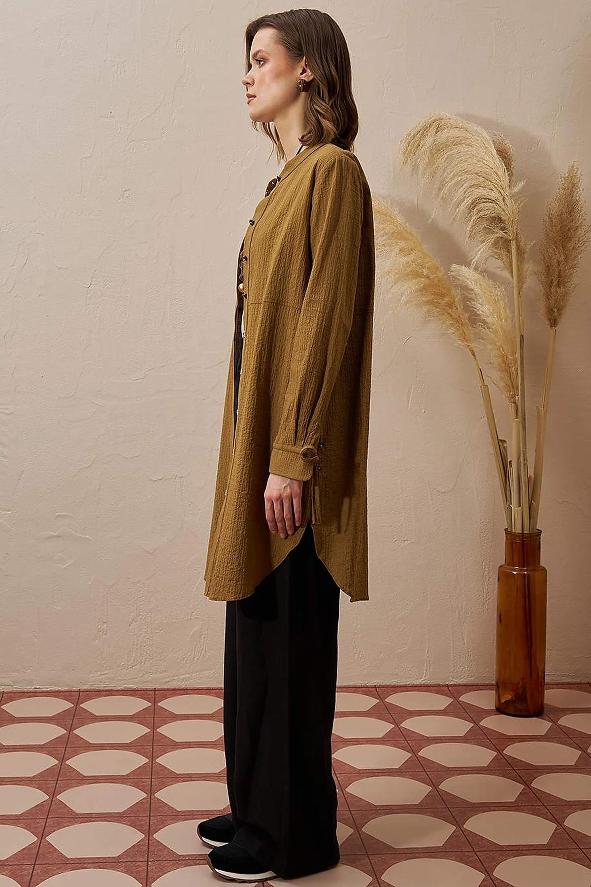 Mandarin Collar Pleated Long Tunic in Dark Olive