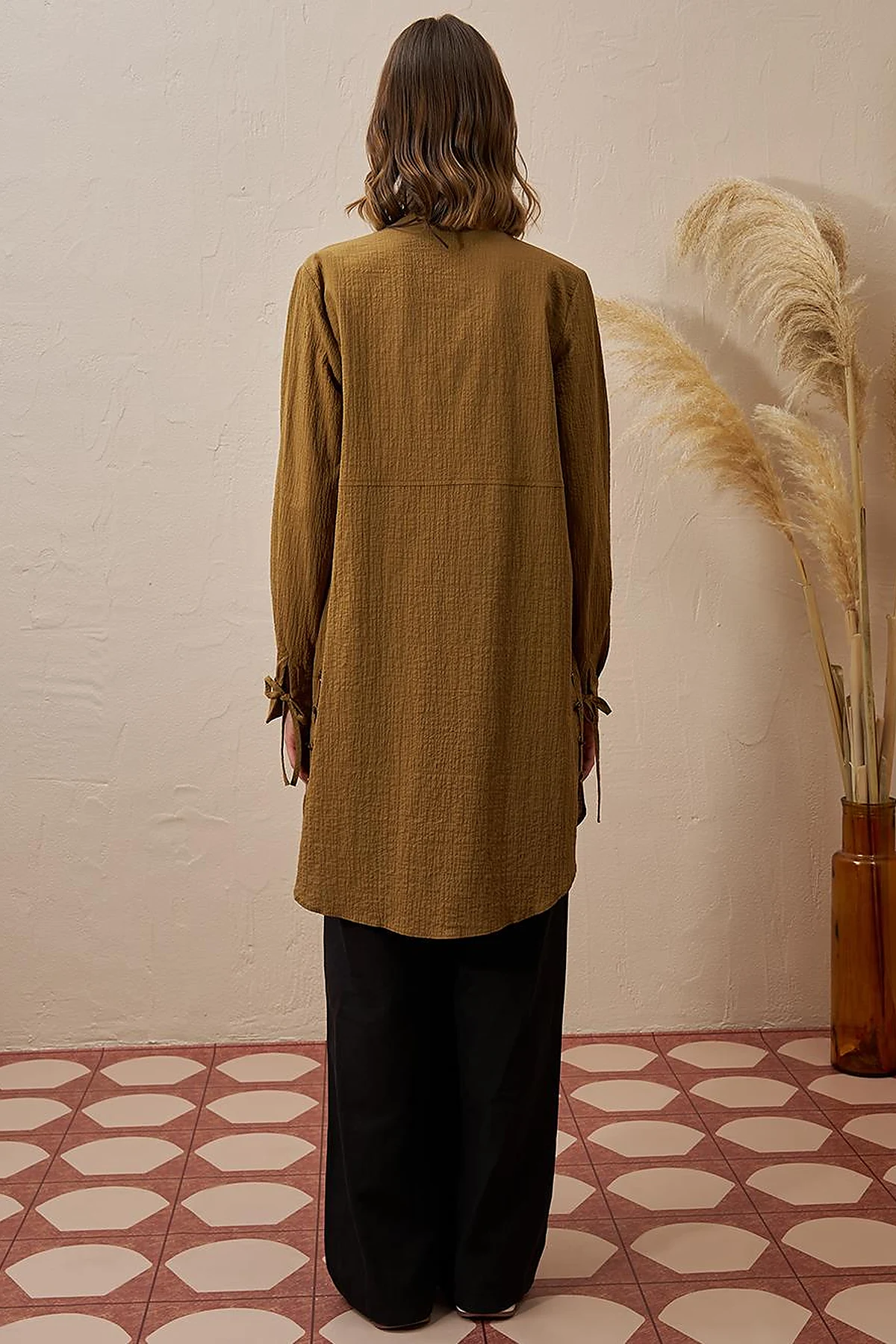 Mandarin Collar Pleated Long Tunic in Dark Olive