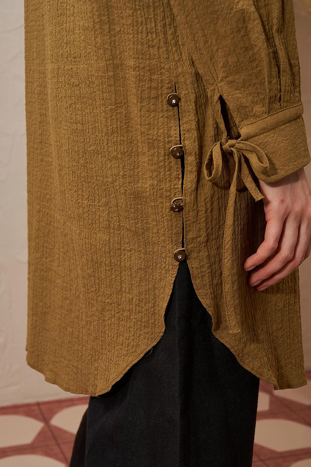 Mandarin Collar Pleated Long Tunic in Dark Olive
