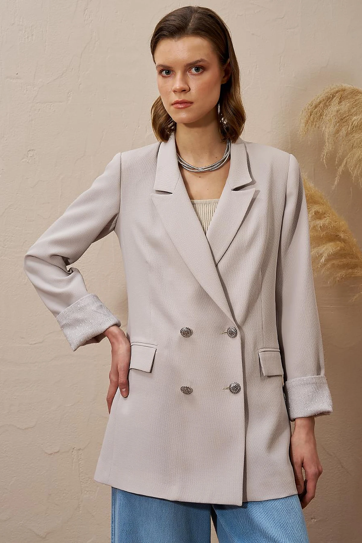 Kruvaze Blazer Ceket Taş