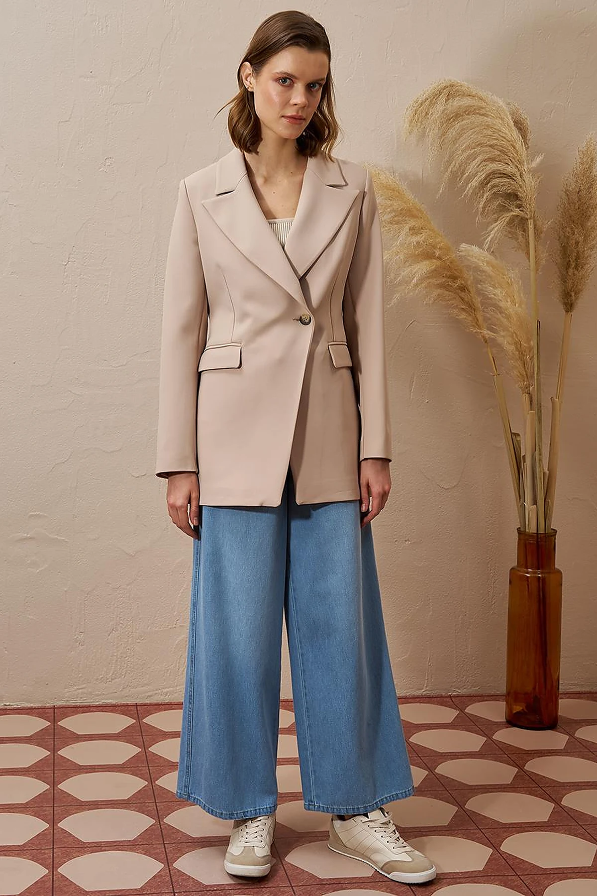 Single Button Blazer Jacket Beige