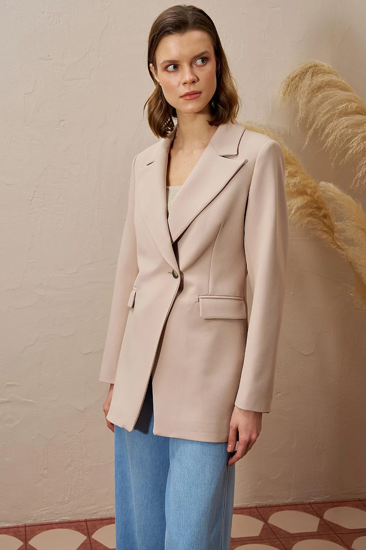 Single Button Blazer Jacket Beige