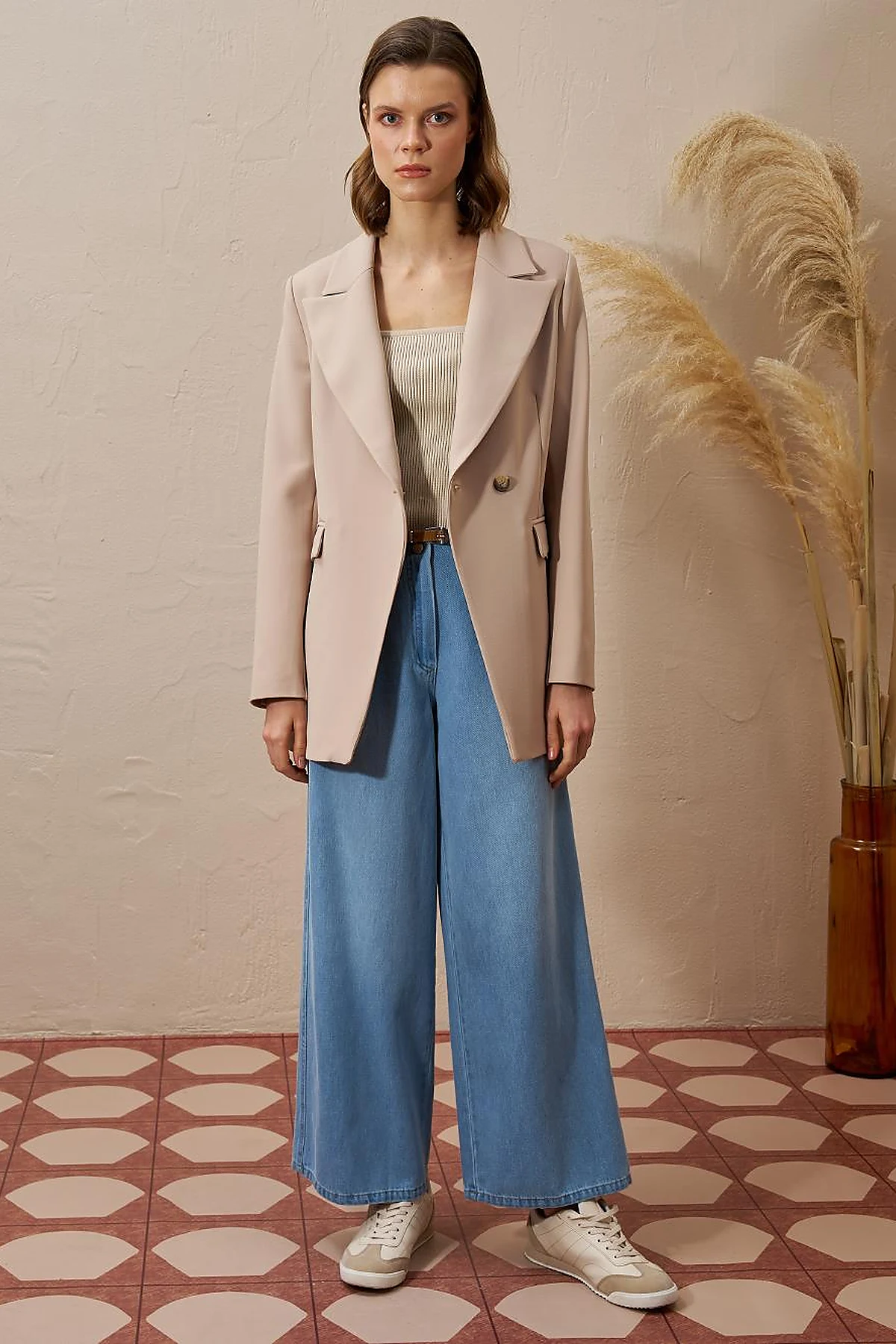 Single Button Blazer Jacket Beige