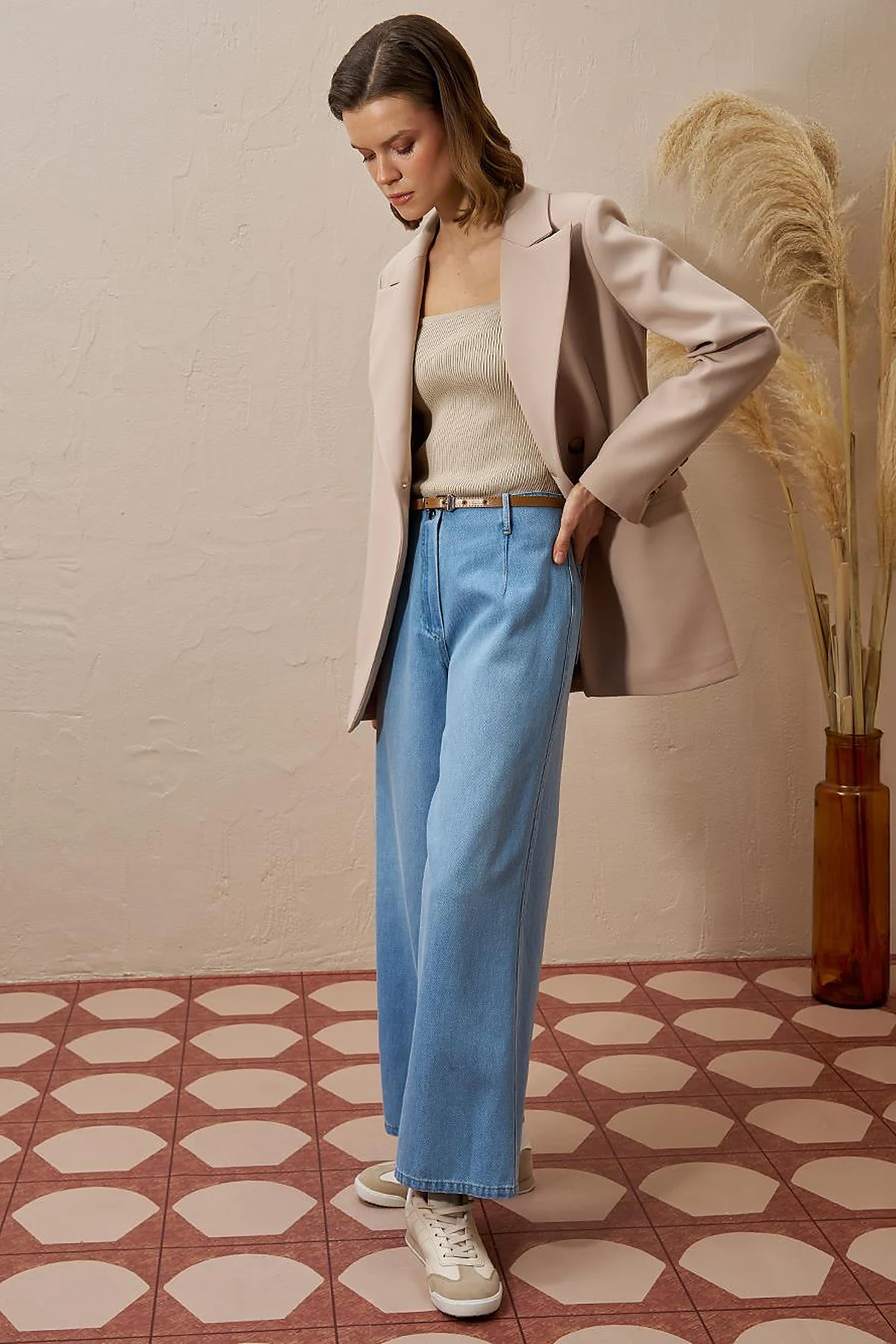 Single Button Blazer Jacket Beige