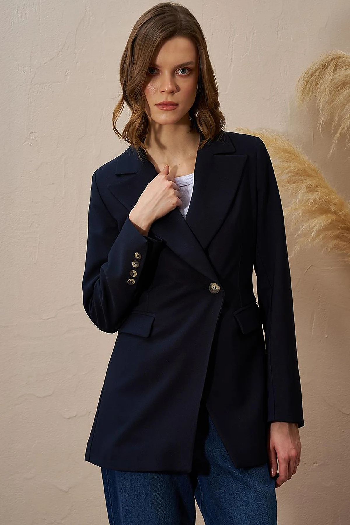 Single Button Blazer Jacket Dark Navy Blue