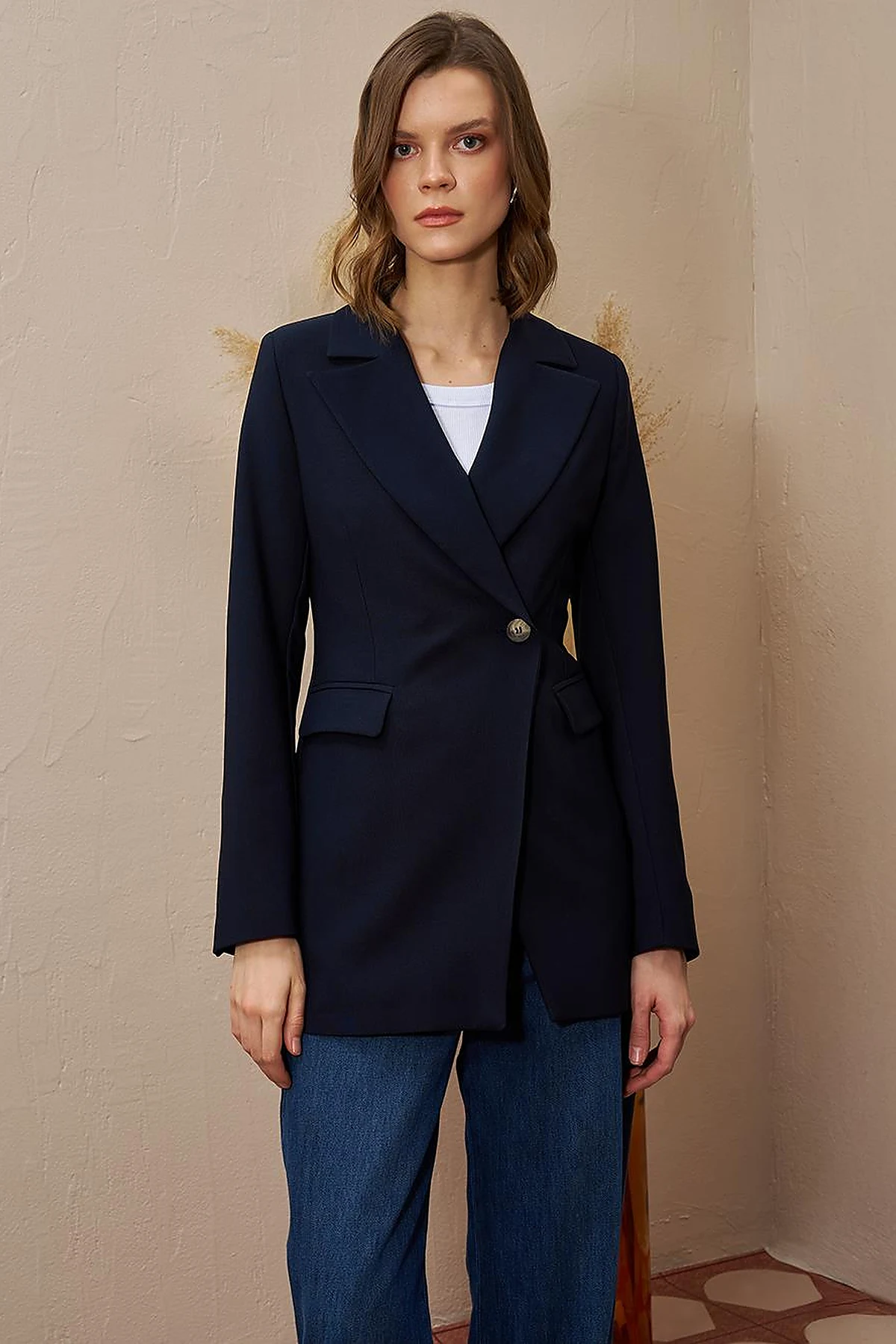 Single Button Blazer Jacket Dark Navy Blue