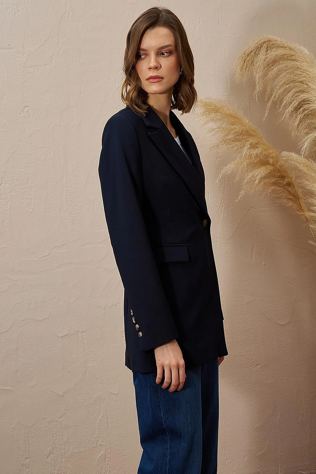 Single Button Blazer Jacket Dark Navy Blue