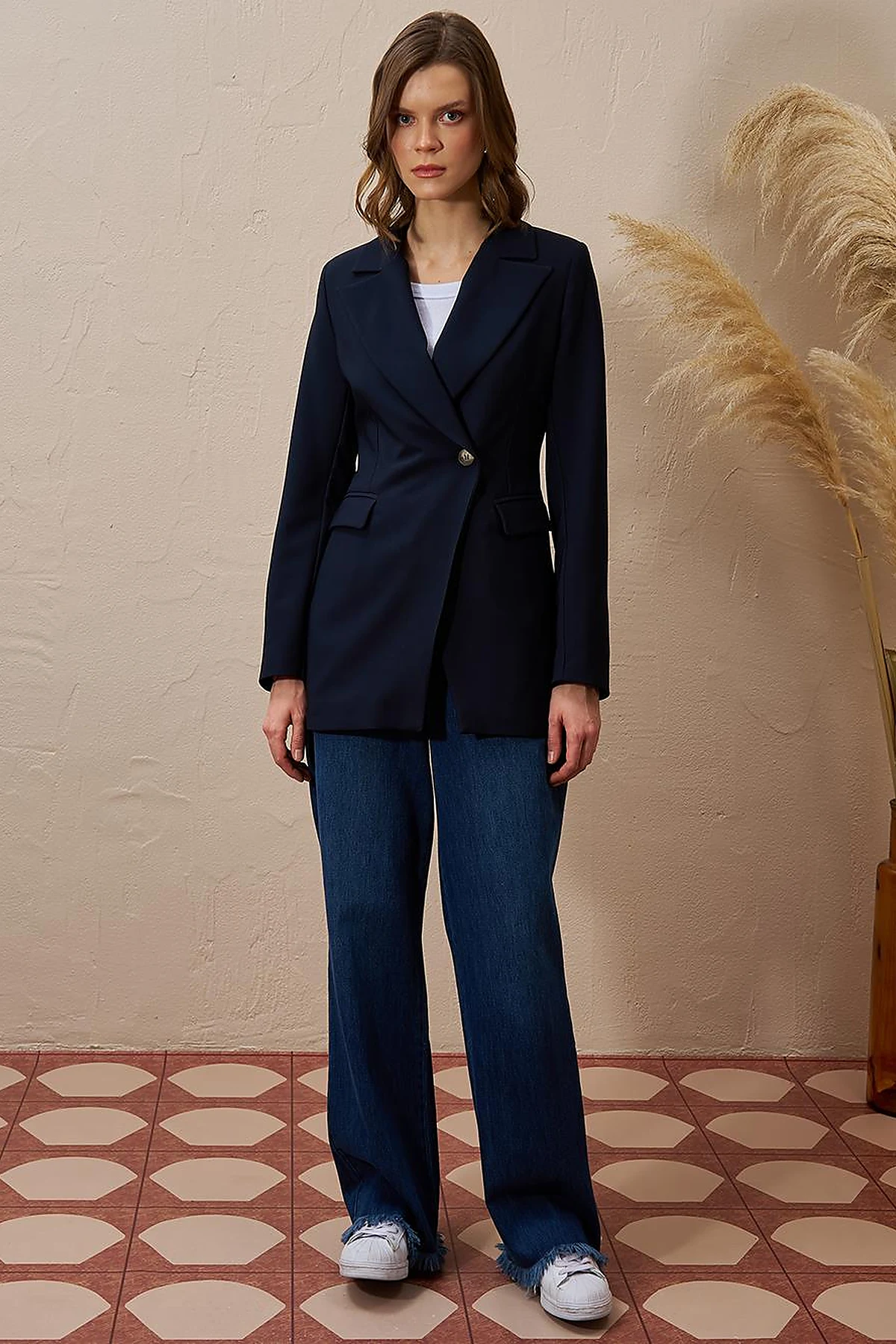 Single Button Blazer Jacket Dark Navy Blue