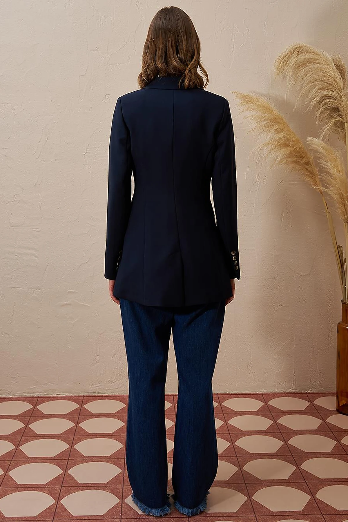 Single Button Blazer Jacket Dark Navy Blue