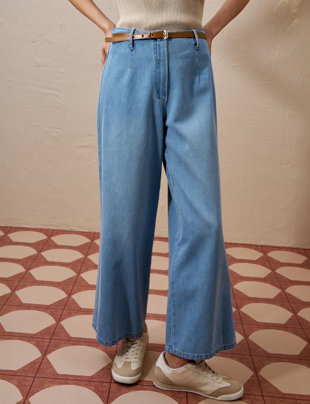 Metal Accessory Detailed Denim Pants Ice Blue