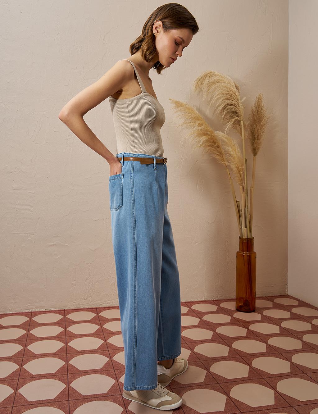 Metal Accessory Detailed Denim Pants Ice Blue