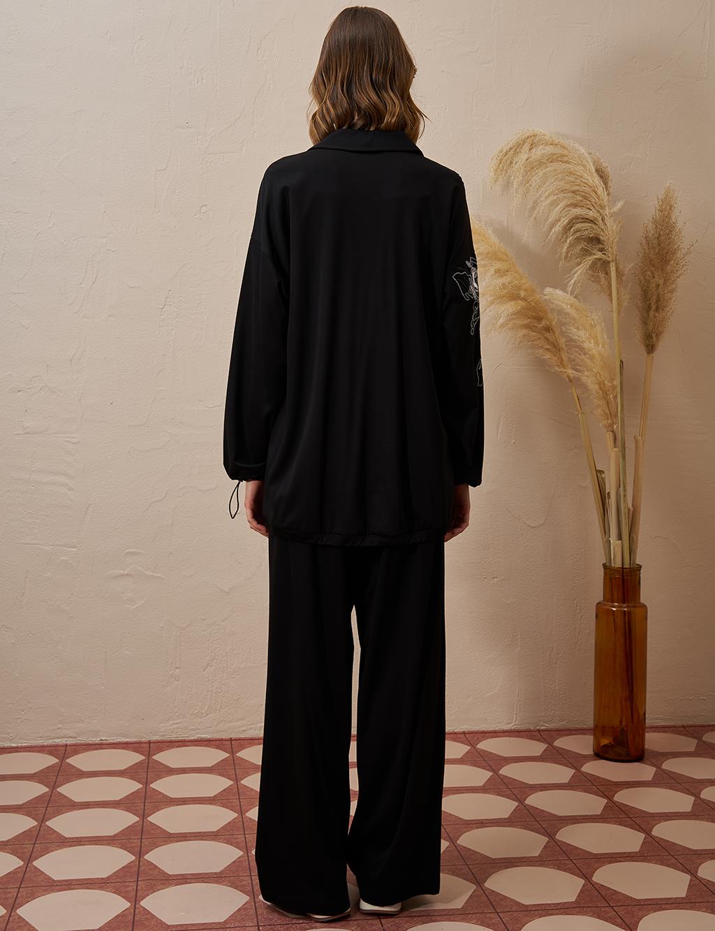 Embroidered Appliqued Rayon Two Piece Suit Black