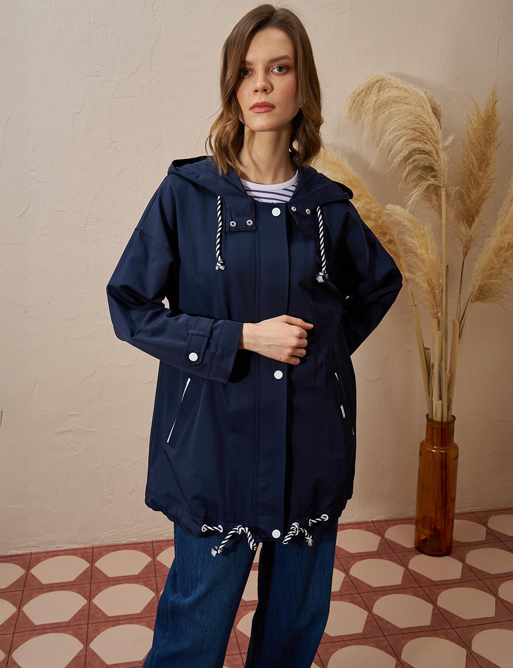 Epaulette Hooded Short Trench Coat Dark Navy Blue