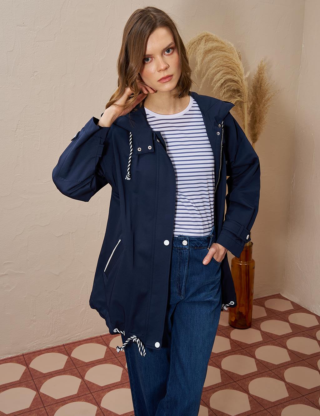 Epaulette Hooded Short Trench Coat Dark Navy Blue
