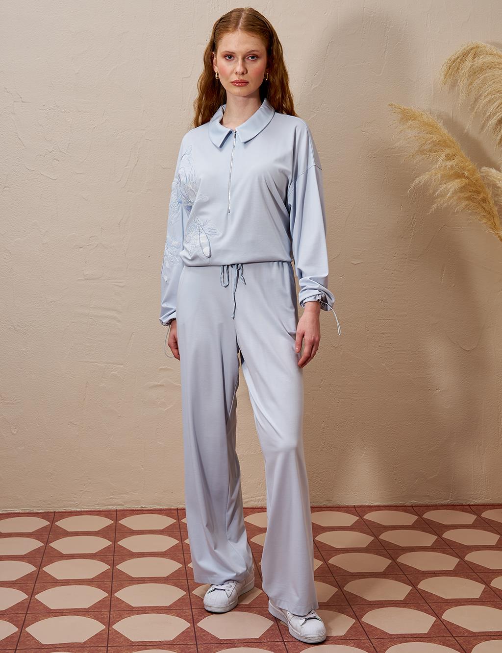 Embroidered Appliqued Rayon Two Piece Suit Blue
