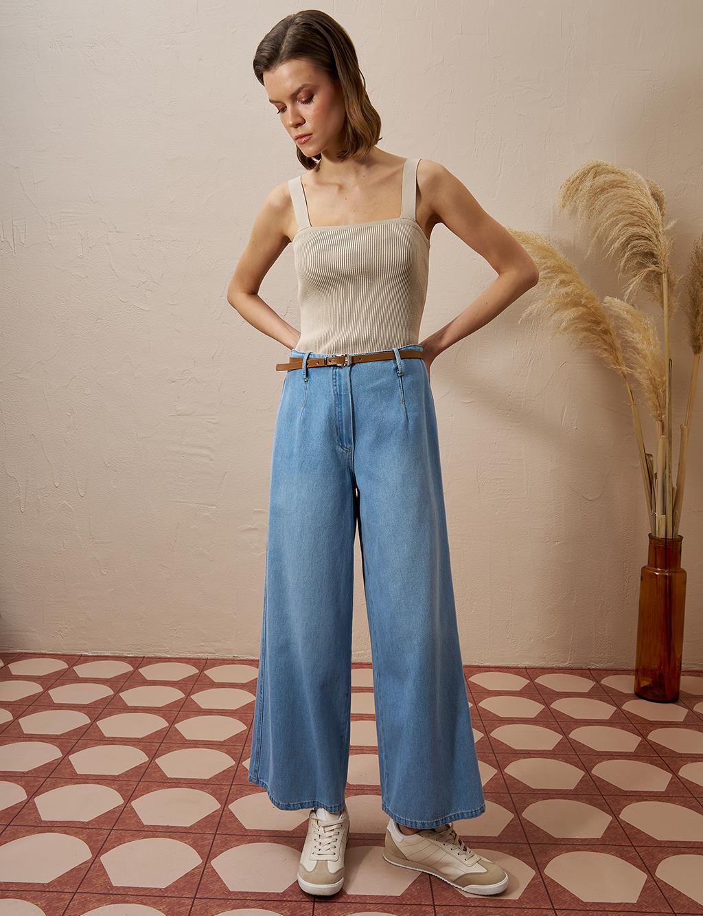 Metal Accessory Detailed Denim Pants Ice Blue