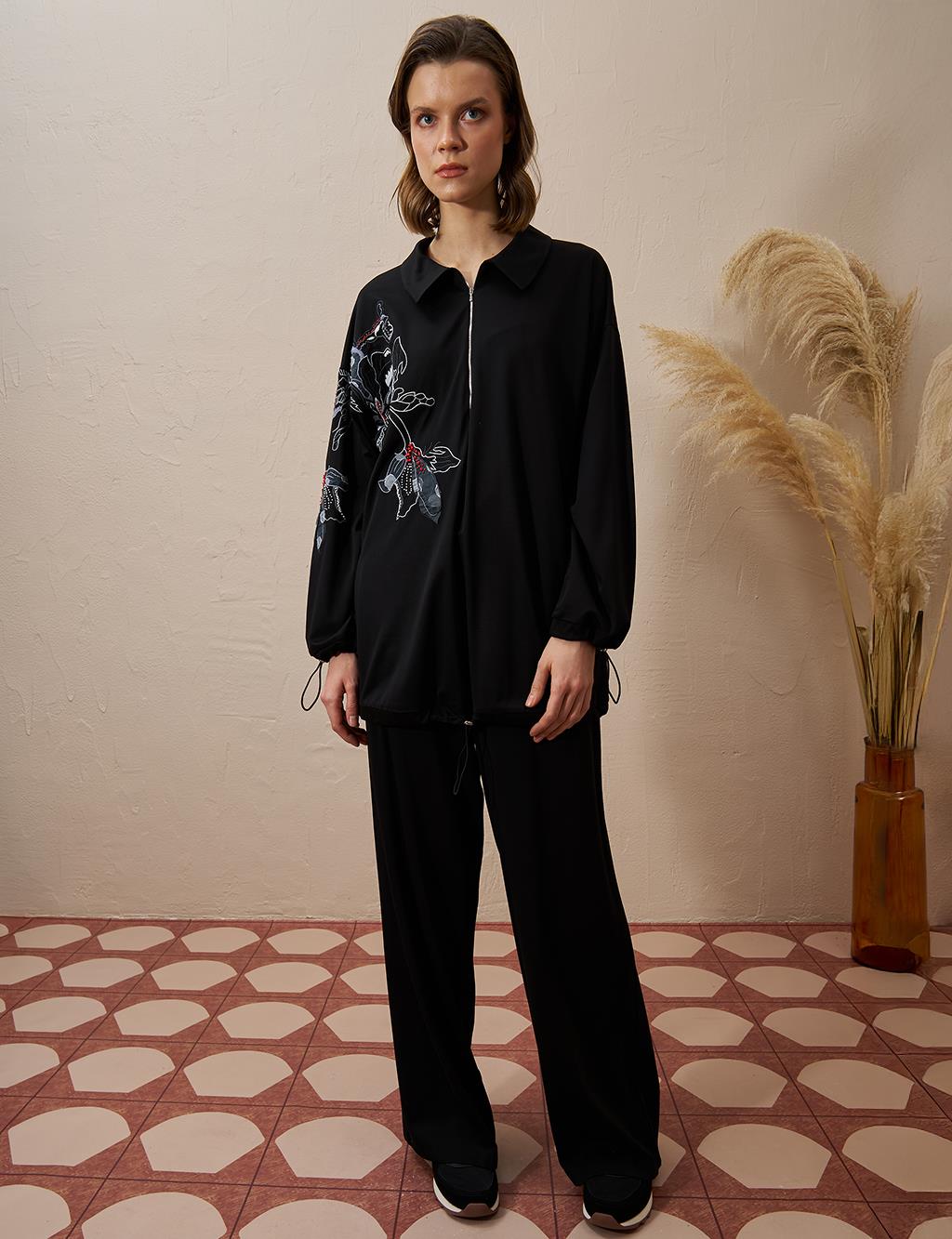 Embroidered Appliqued Rayon Two Piece Suit Black