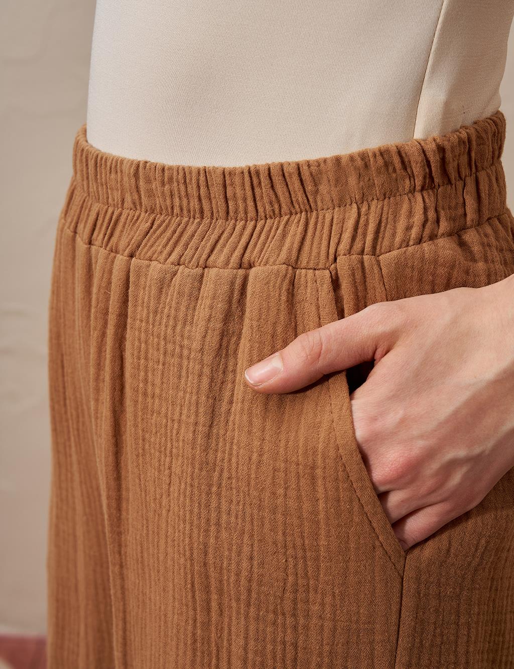 Beli Lastikli Müslin Pantolon Tütün