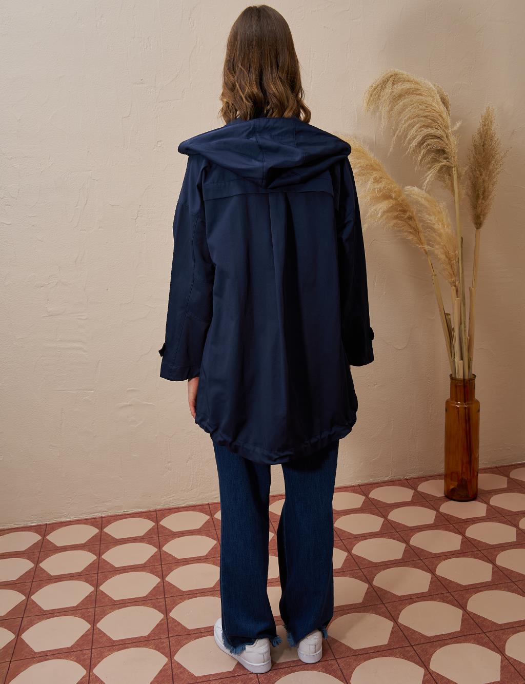 Epaulette Hooded Short Trench Coat Dark Navy Blue