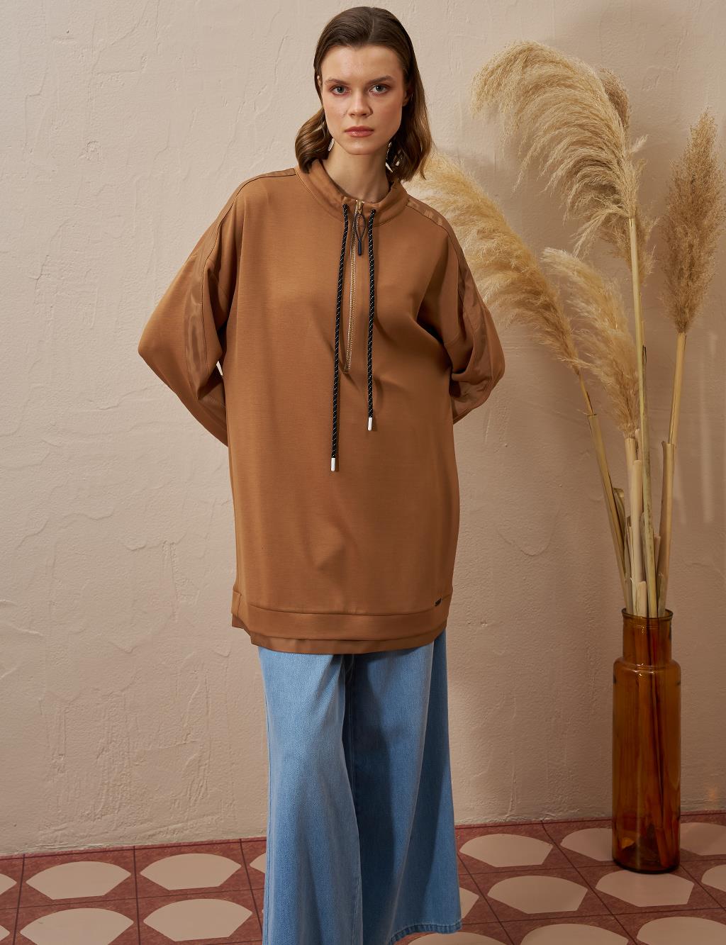 Yarım Fermuar Kapamalı Scuba Sweatshirt Tütün