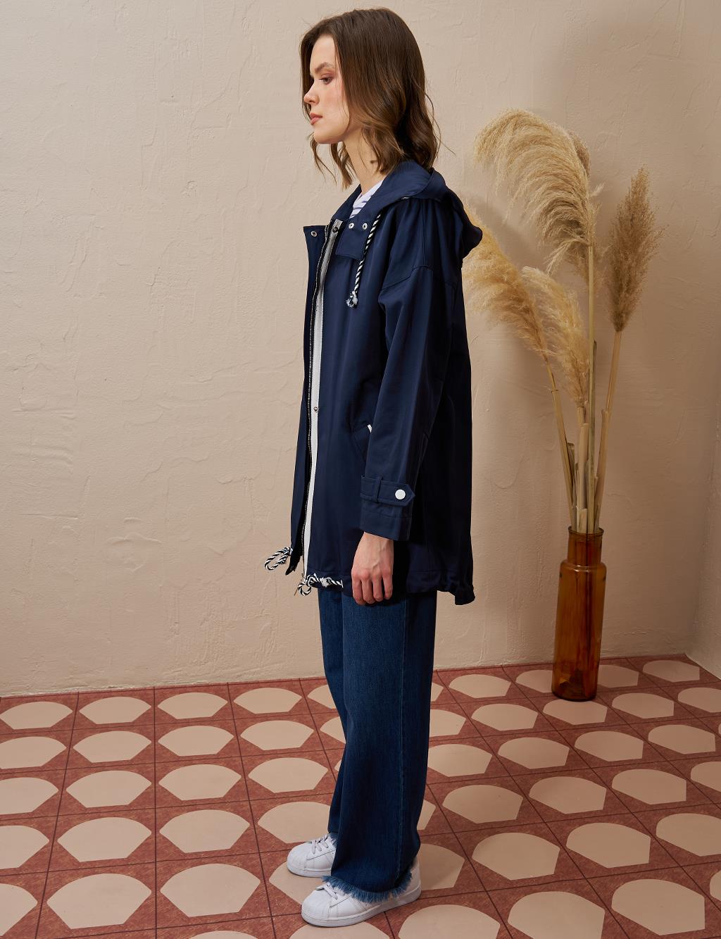 Epaulette Hooded Short Trench Coat Dark Navy Blue