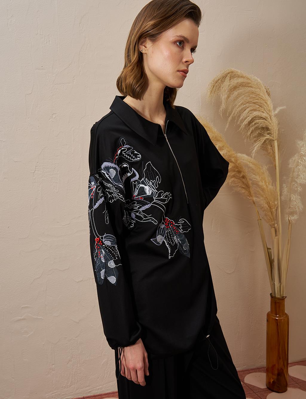 Embroidered Appliqued Rayon Two Piece Suit Black