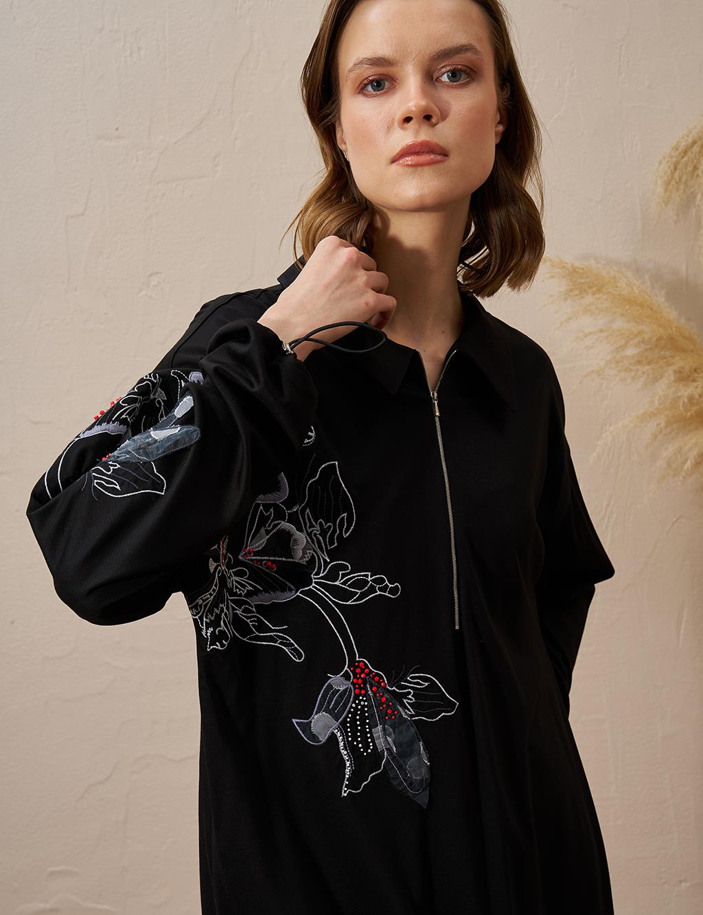 Embroidered Appliqued Rayon Two Piece Suit Black