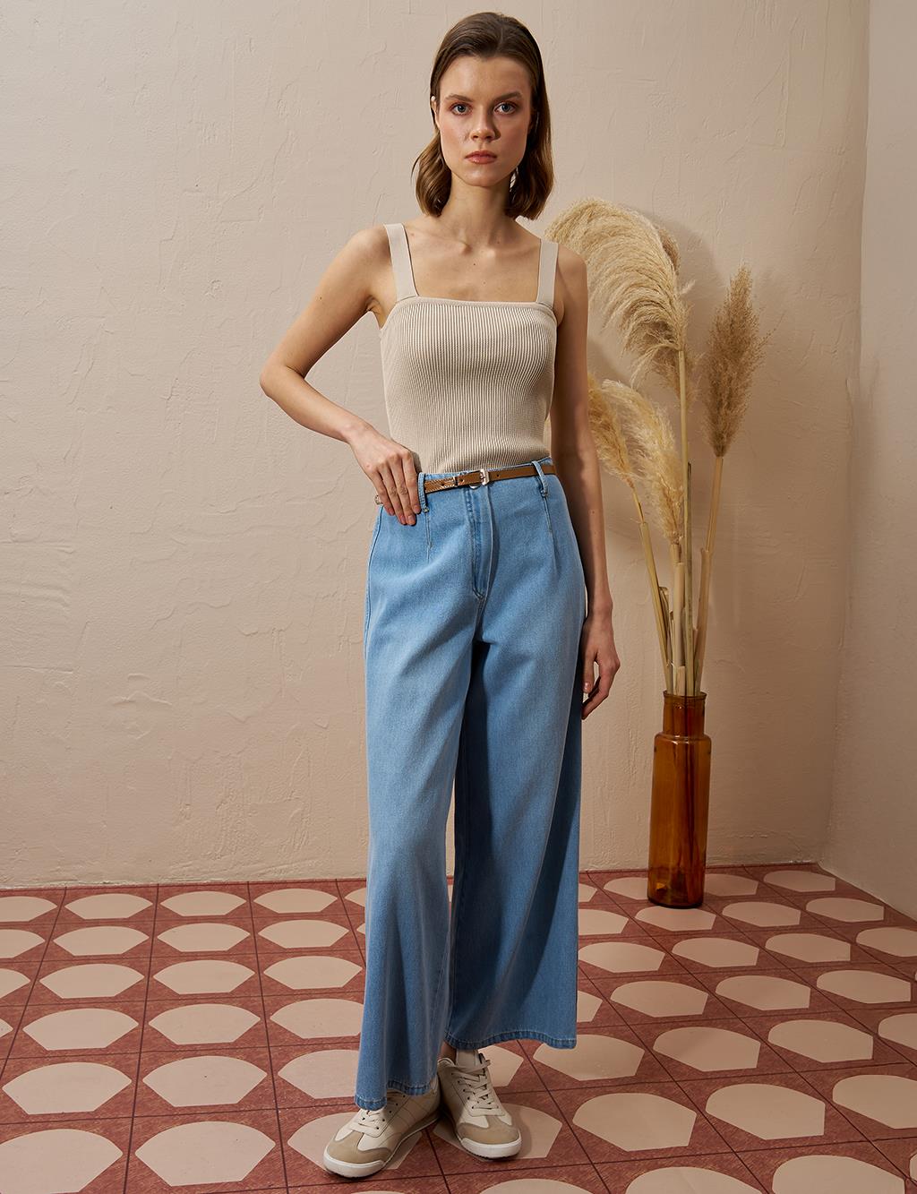 Metal Accessory Detailed Denim Pants Ice Blue