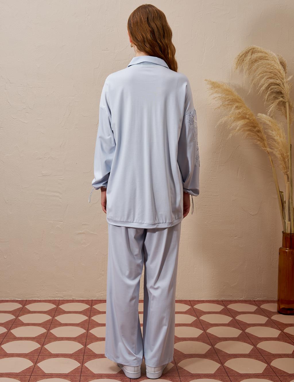 Embroidered Appliqued Rayon Two Piece Suit Blue
