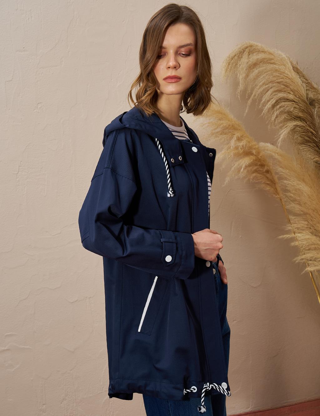 Epaulette Hooded Short Trench Coat Dark Navy Blue