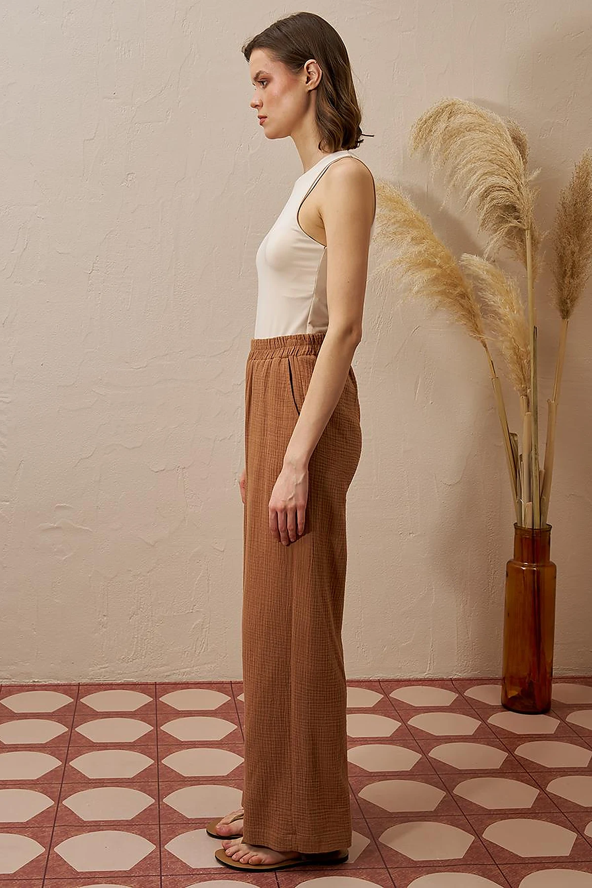 Elastic Waist Muslin Trousers Tobacco