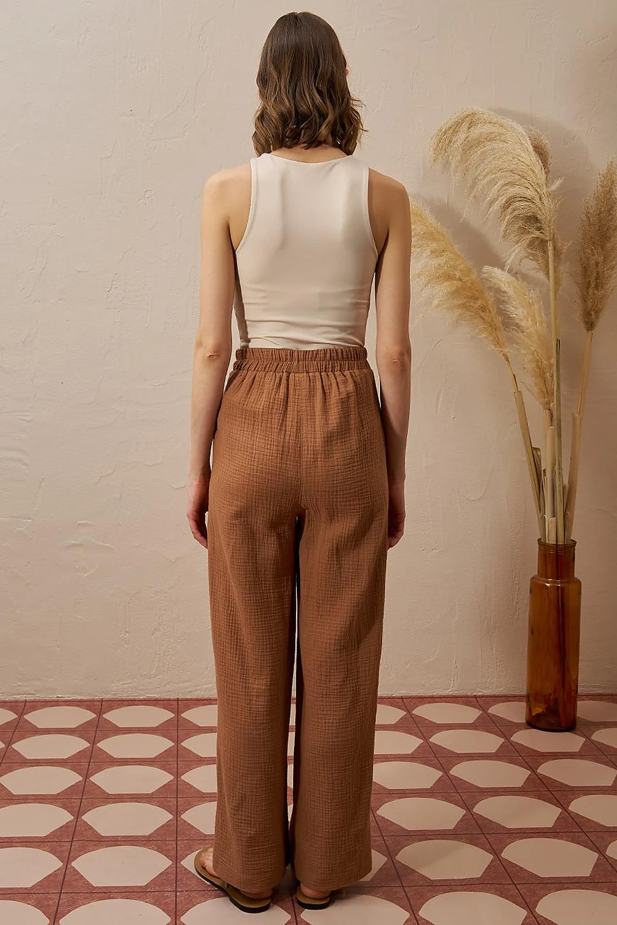 Elastic Waist Muslin Trousers Tobacco