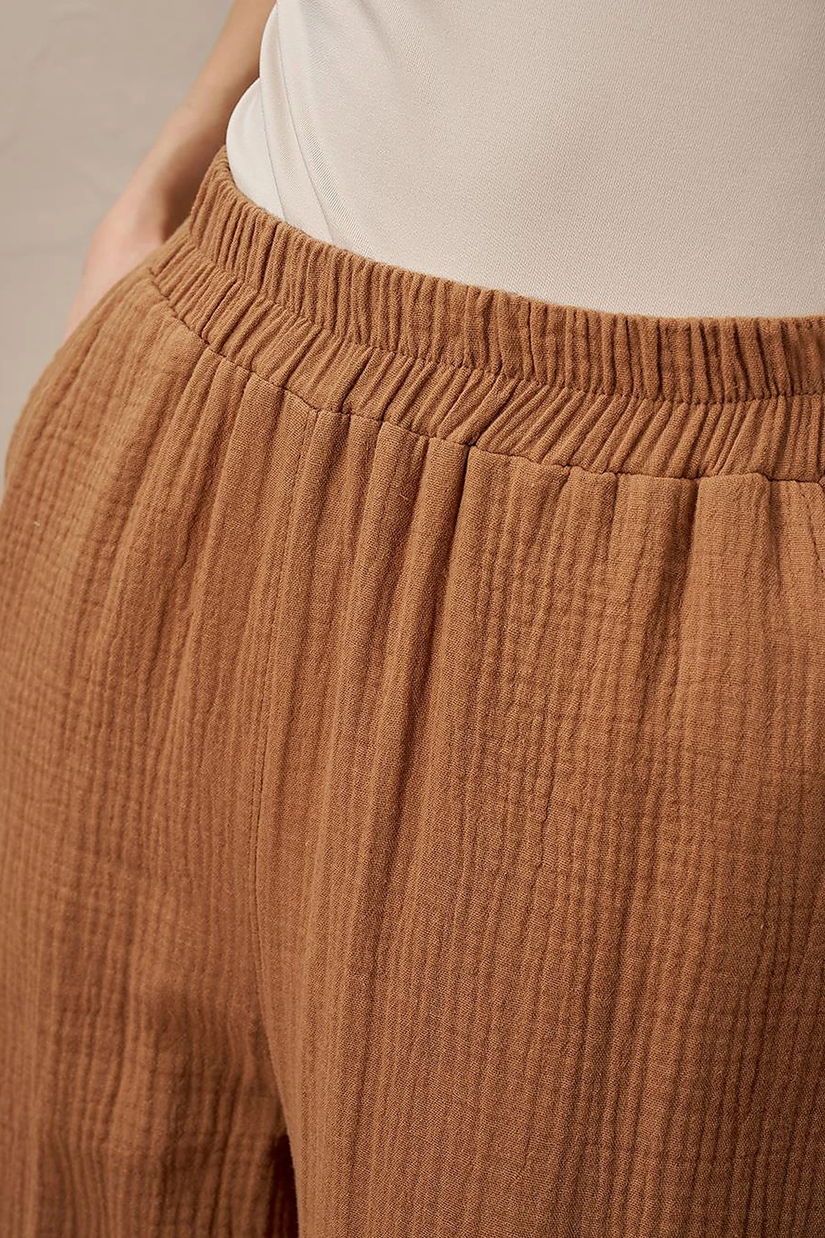 Elastic Waist Muslin Trousers Tobacco