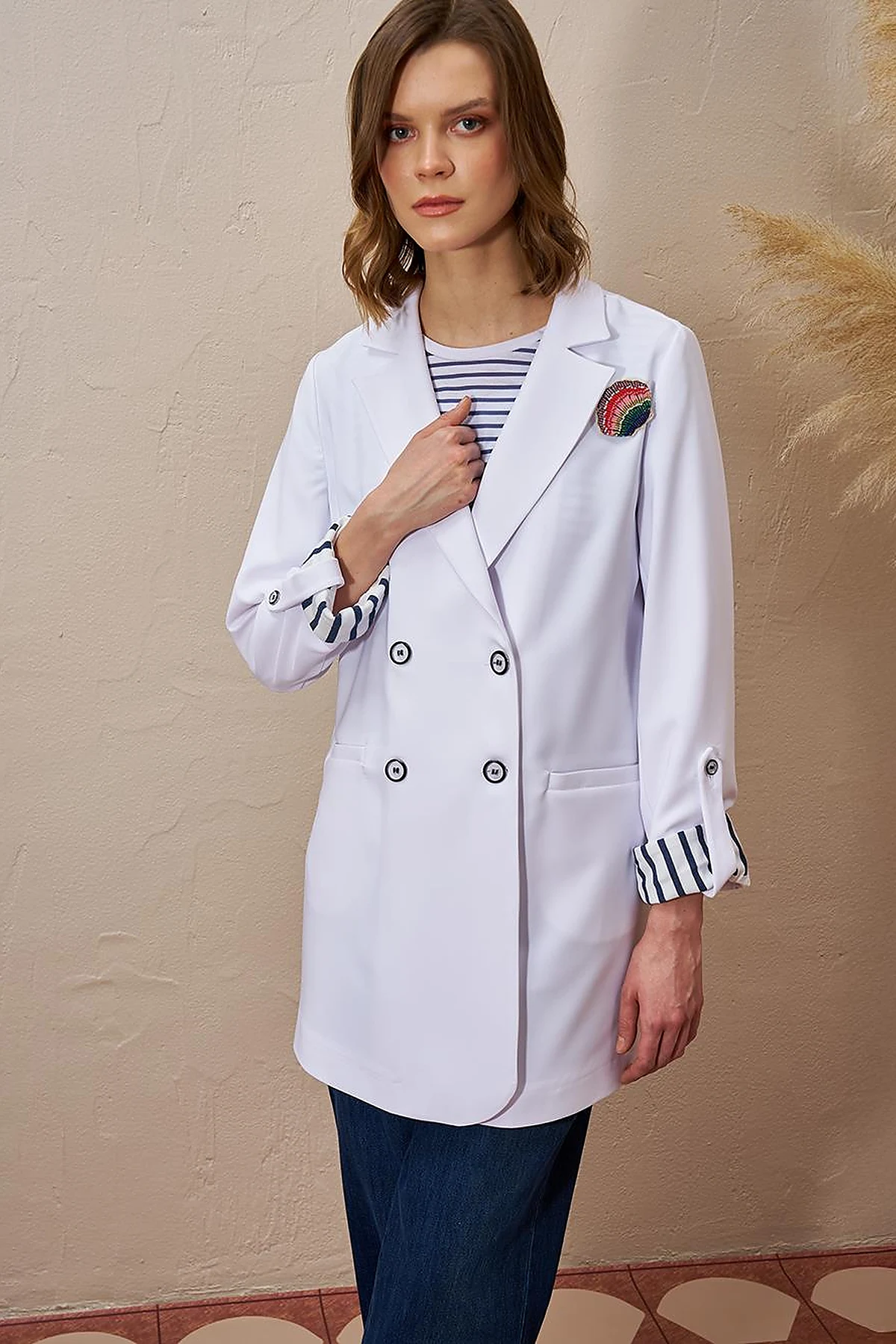 Brooched Blazer Jacket Optic White