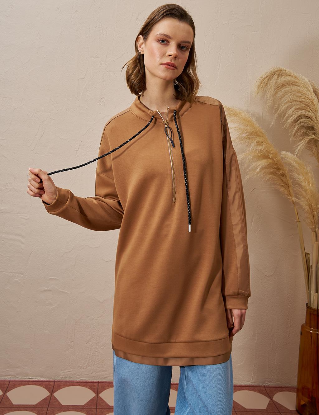 Yarım Fermuar Kapamalı Scuba Sweatshirt Tütün